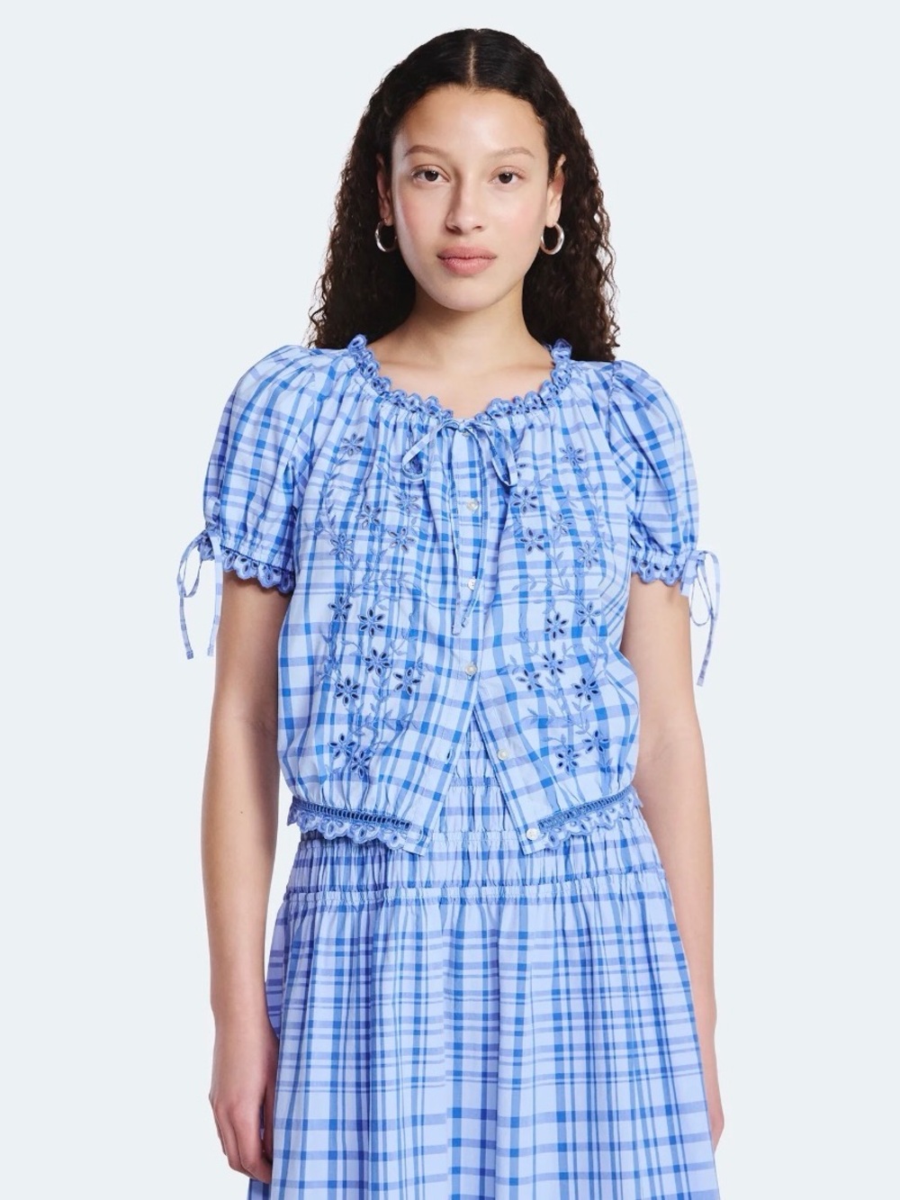 Light Blue Plaid Puff-Sleeve Top
